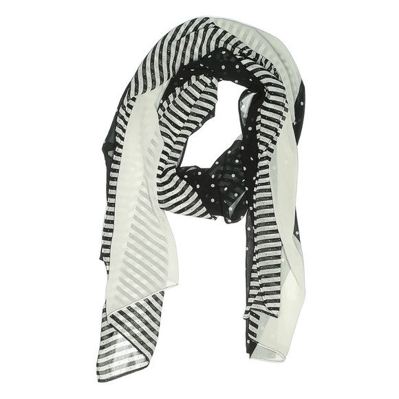 White House Black Market Large Sheer Scarf Black Ivory Polka Dot Striped Pattern - Picture 1 of 4